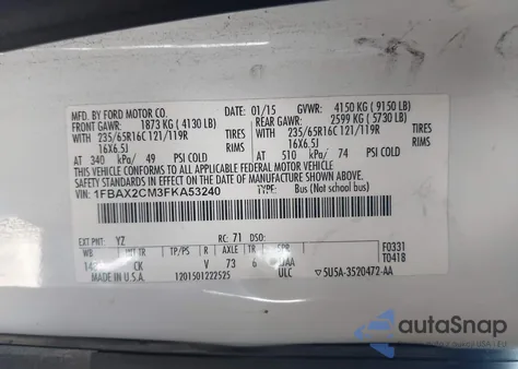 2015 Ford Transit-350 Xlt from USA, damaged, VIN 1FBAX2CM3FKA53240